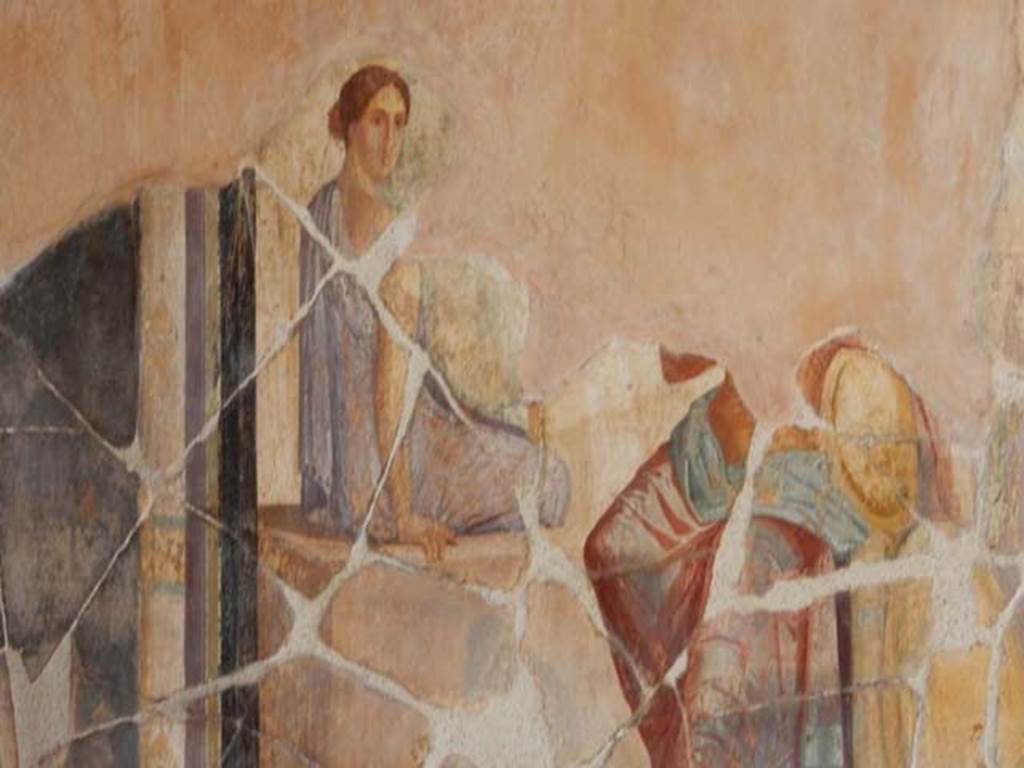 VI.16.7 Pompeii. May 2016. Room G, detail from east side of wall painting of Achilles with Briseis and Patroclus in his tent.   Photo courtesy of Buzz Ferebee.