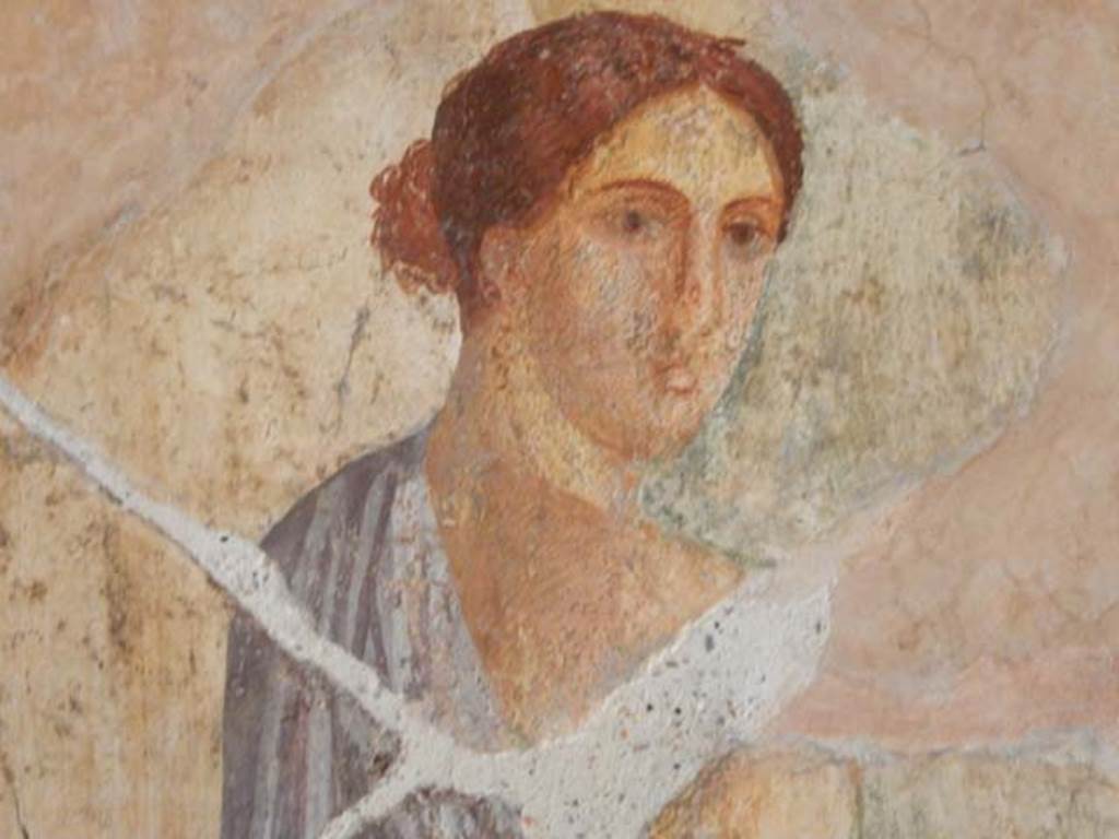 VI.16.7 Pompeii. May 2016. Room G, detail from east side of central wall painting on south wall of oecus.  Photo courtesy of Buzz Ferebee.
