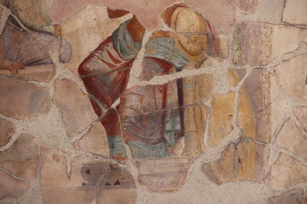 VI.16.7 Pompeii. September 2021. 
Room G, detail of Achilles from central wall painting on south wall of oecus. Photo courtesy of Klaus Heese.
