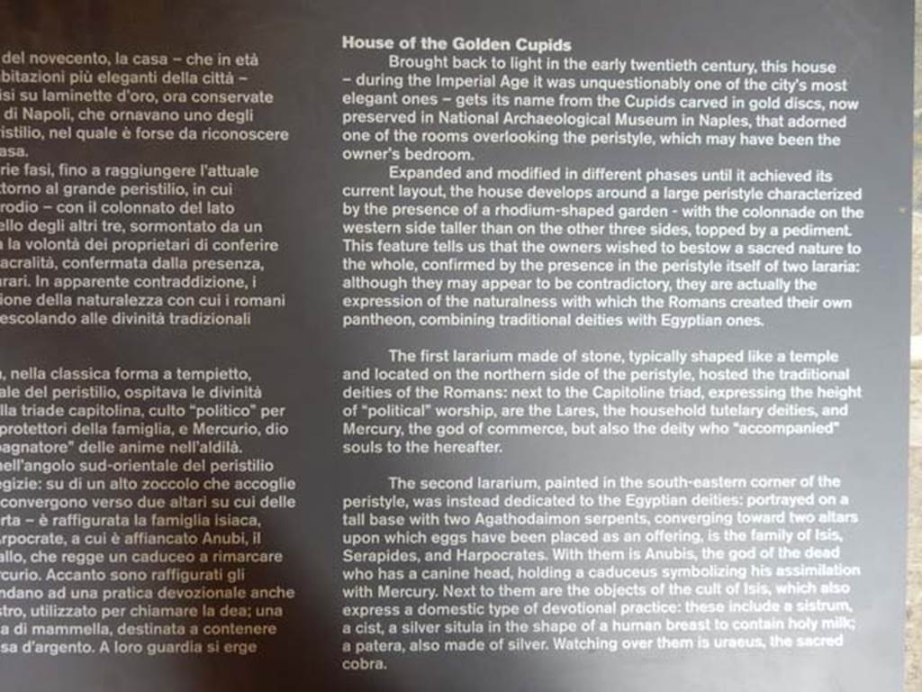 VI.16.7 Pompeii. May 2016. Information card. Photo courtesy of Buzz Ferebee.
“The second lararium, painted in the south-eastern corner of the peristyle, was instead dedicated to the Egyptian deities: portrayed on a tall base with two serpents, converging towards two altars upon which eggs have been placed as an offering, is the family of Isis, Serapides and Harpocrates. With them is Anubis, the god of the dead who has a canine head, holding a caduceus symbolizing his assimilation with Mercury.  Next to them are the objects of the cult of Isis, which also express a domestic type of devotional practice: these include a sistrum, a cist, a silver situla in the shape of a human breast to contain holy milk, and a patera also made of silver. 
Watching over them is Uraeus, the sacred cobra.”