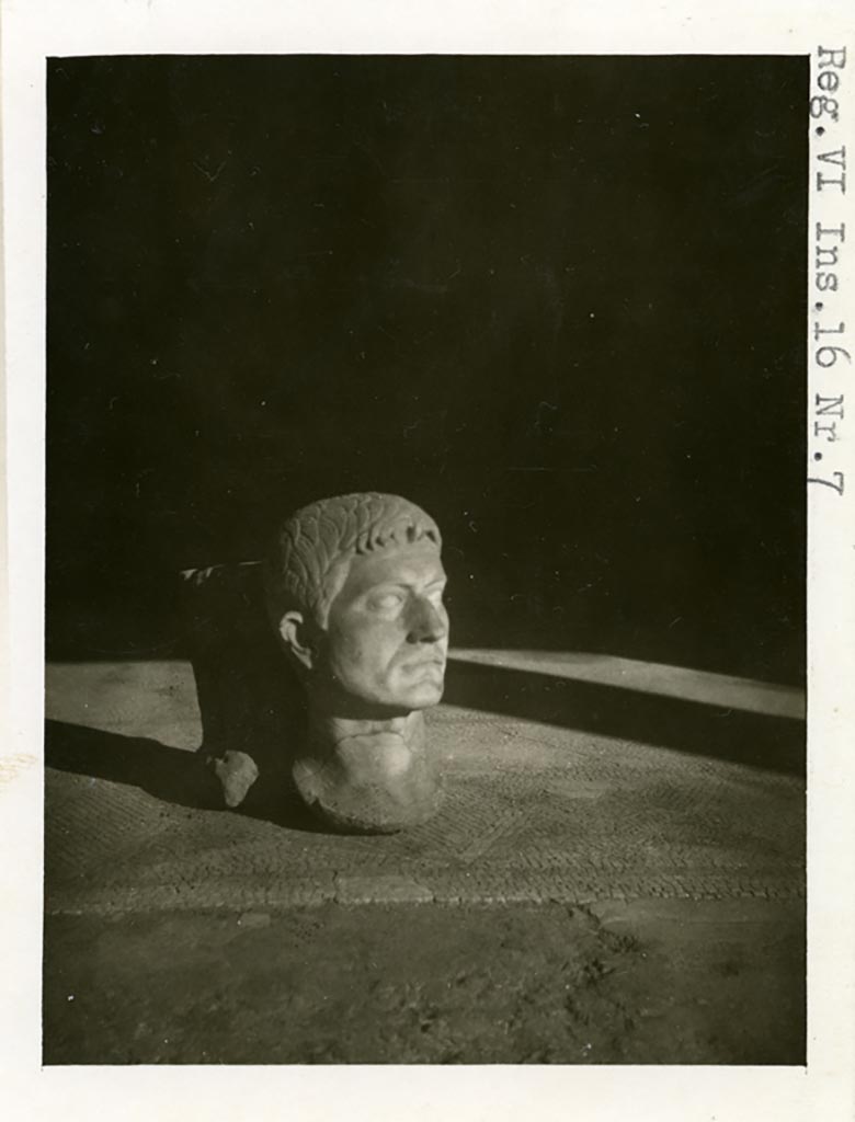 VI.16.7 Pompei. Pre-1937-39. Marble bust of a Poppaeus, photographed in portico.
Photo courtesy of American Academy in Rome, Photographic Archive. Warsher collection no. 1440.
