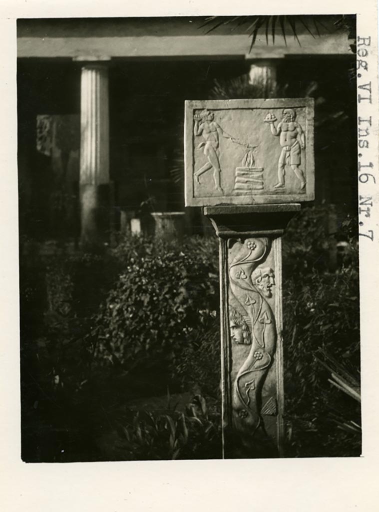 VI.16.7 Pompei. Pre-1937-39. Flat post with rectangular relief showing a satyr and Silenus making a sacrifice at an altar. 
Photo courtesy of American Academy in Rome, Photographic Archive. Warsher collection no. 1438.