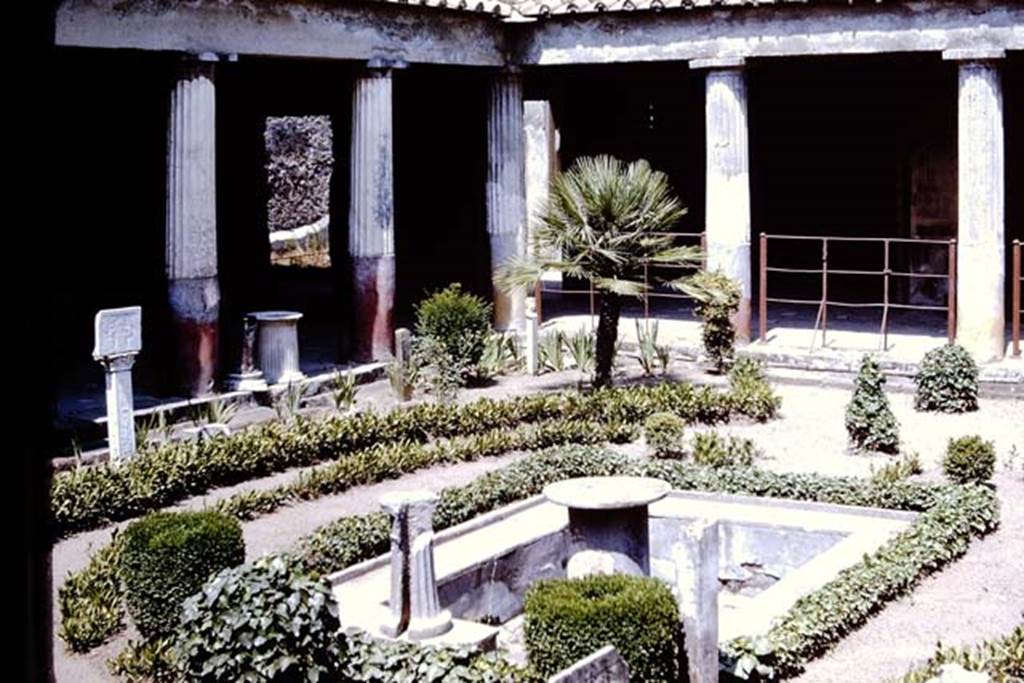VI.16.7 Pompeii. 1964. Looking north-east across peristyle garden room F, from south-west corner.  Photo by Stanley A. Jashemski.
Source: The Wilhelmina and Stanley A. Jashemski archive in the University of Maryland Library, Special Collections (See collection page) and made available under the Creative Commons Attribution-Non Commercial License v.4. See Licence and use details.
J64f1872