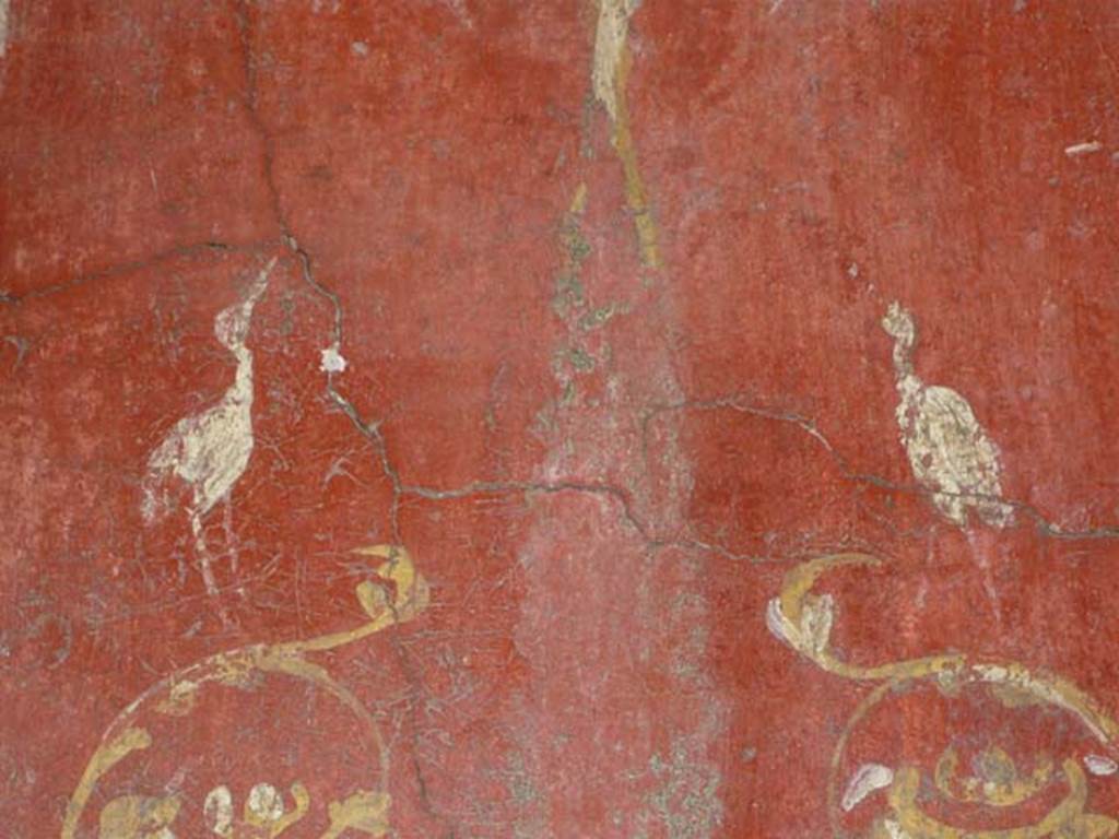 VI.16.7 Pompeii. June 2013.  Room N, detail of birds on candelabra on east wall, after restoration.
Photo courtesy of Buzz Ferebee.
