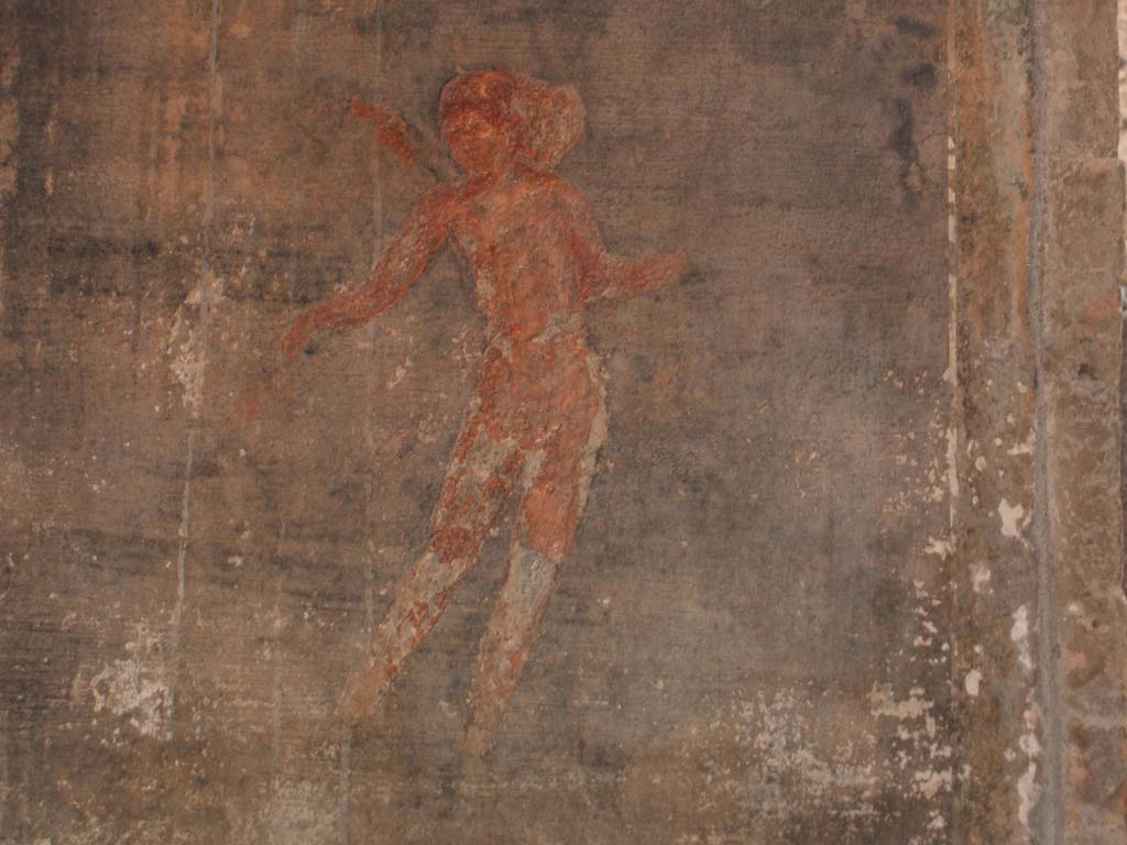 VI.16.7 Pompeii. December 2004. 
Detail of painted floating figure from west wall of portico in south-west corner on south side of doorway to large triclinium O.
