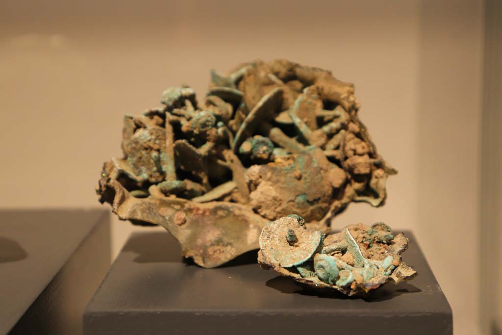 VI.16.9 Pompeii. February 2021. Bowl containing nails distorted by the eruption, on display in Antiquarium. 
Photo courtesy of Fabien Bièvre-Perrin (CC BY-NC-SA).
