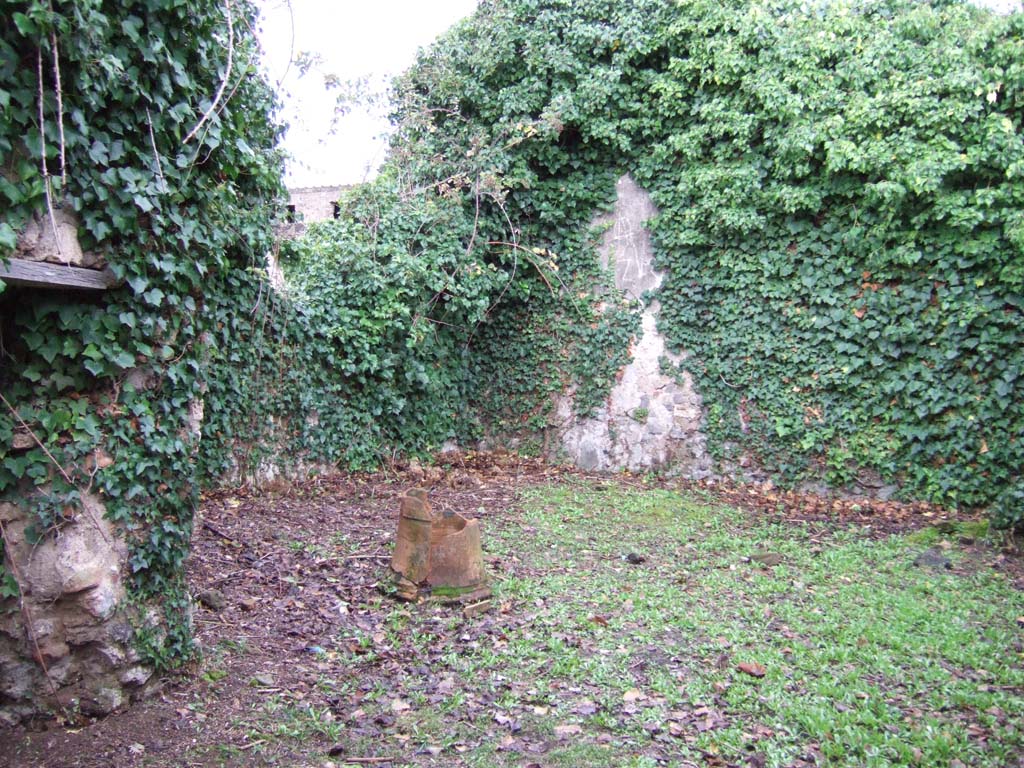VI.16.10 Pompeii. December 2005. Remains of terracotta puteal at rear of house.
The doorway leading to the kitchen with hearth, and annexed latrine, can be seen on the left.