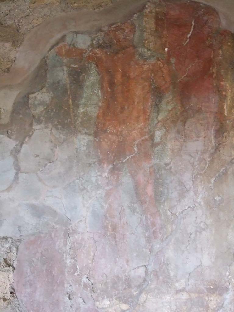 VI.16.15 Pompeii. December 2006. South end of upper west wall of atrium B above room D. 
Detail of wall painting of statue of Poseidon holding trident and fish.