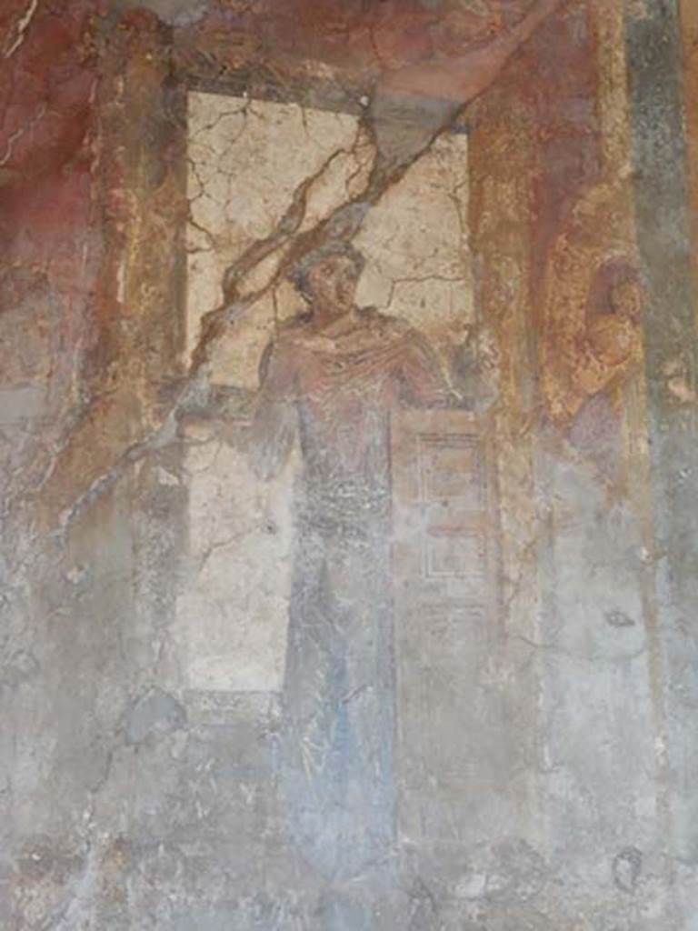 VI.16.15 Pompeii. May 2015. Detail of wall painting of woman with patera, making an offering. From south end of upper west wall of atrium B.  Photo courtesy of Buzz Ferebee.