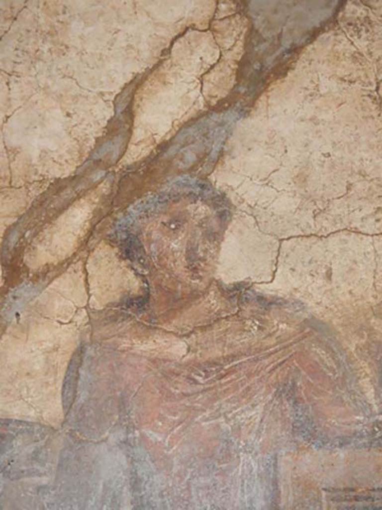 VI.16.15 Pompeii. May 2015. Detail of wall painting of woman with patera.  Photo courtesy of Buzz Ferebee.