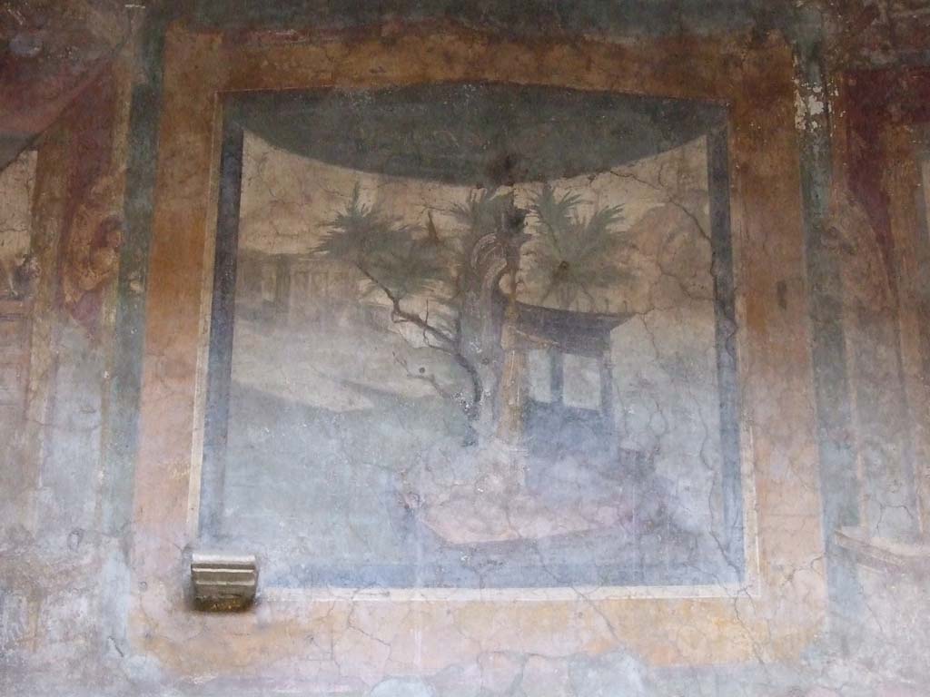 VI.16.15 Pompeii. December 2006. Detail of wall painting of sacred landscape on upper west wall of atrium B.