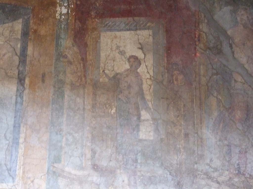 VI.16.15 Pompeii. December 2006. North end of upper west wall of atrium B above room E. 
Detail of wall painting of woman with patera, making an offering to the statue of Nike.