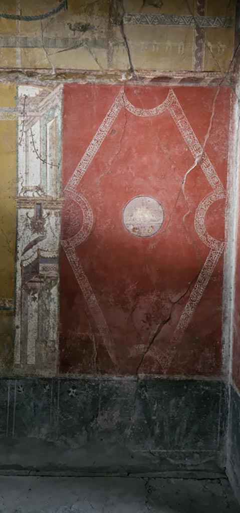 VI.16.15 Pompeii. December 2023.
North end of central painting of west wall of room F. 
Photo courtesy of Miriam Colomer.