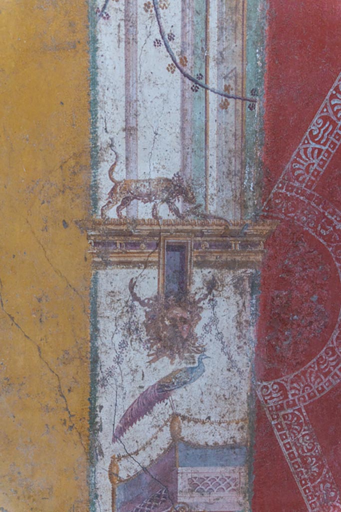 VI.16.15 Pompeii. January 2024. 
Room F, detail from west wall at north end. Photo courtesy of Johannes Eber.