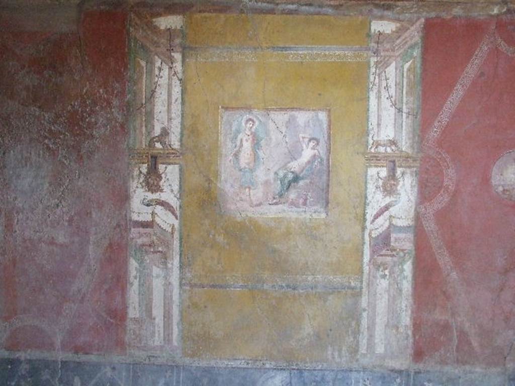 VI.16.15 Pompeii. December 2006. West wall of room F with central wall painting of Selene and Endymion.