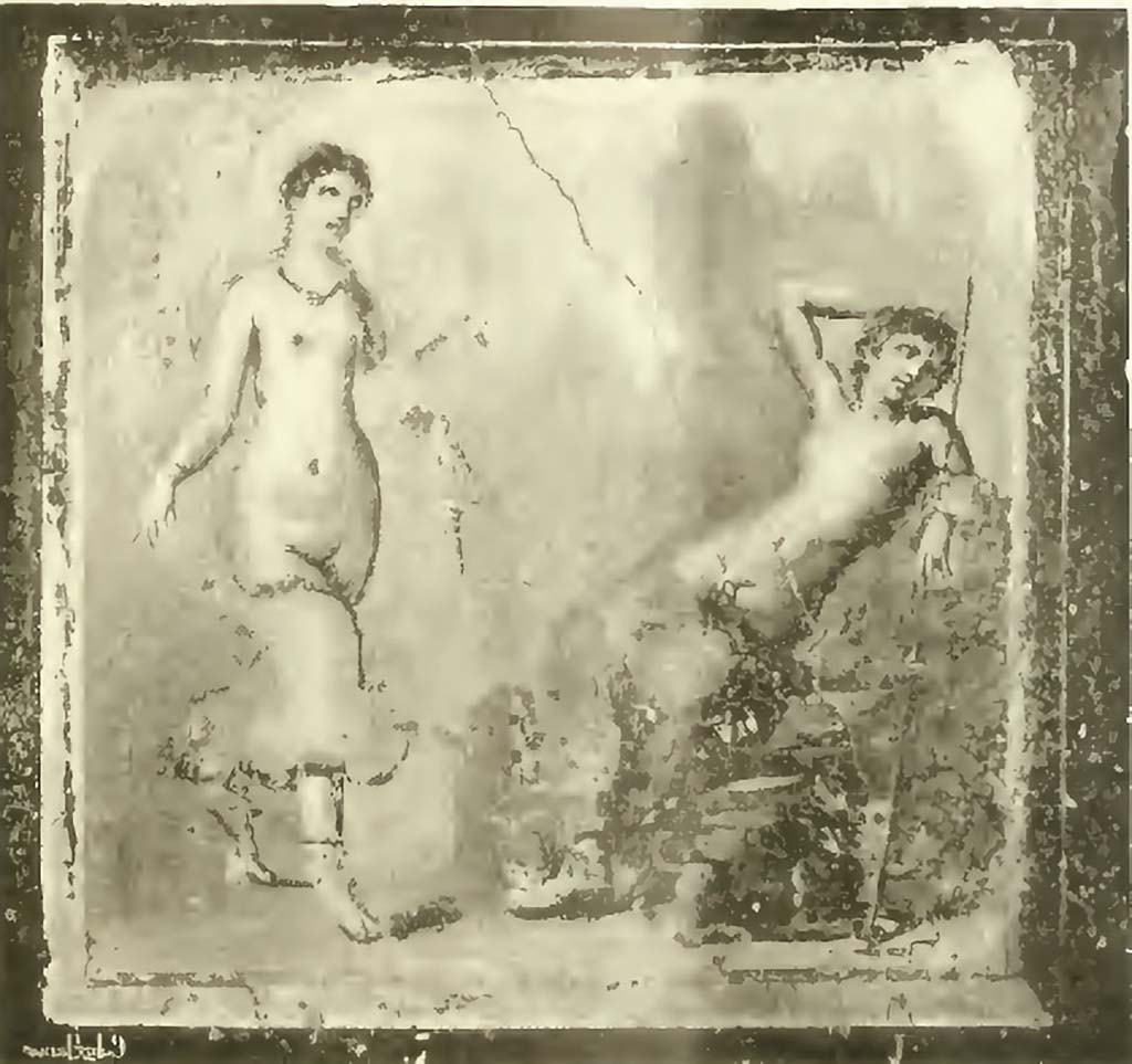 VI.16.15 Pompeii. 1908. West wall of room F, with detail of central wall painting of Selene and Endymion.
See Notizie degli Scavi di Antichità, 1908, (p.73)