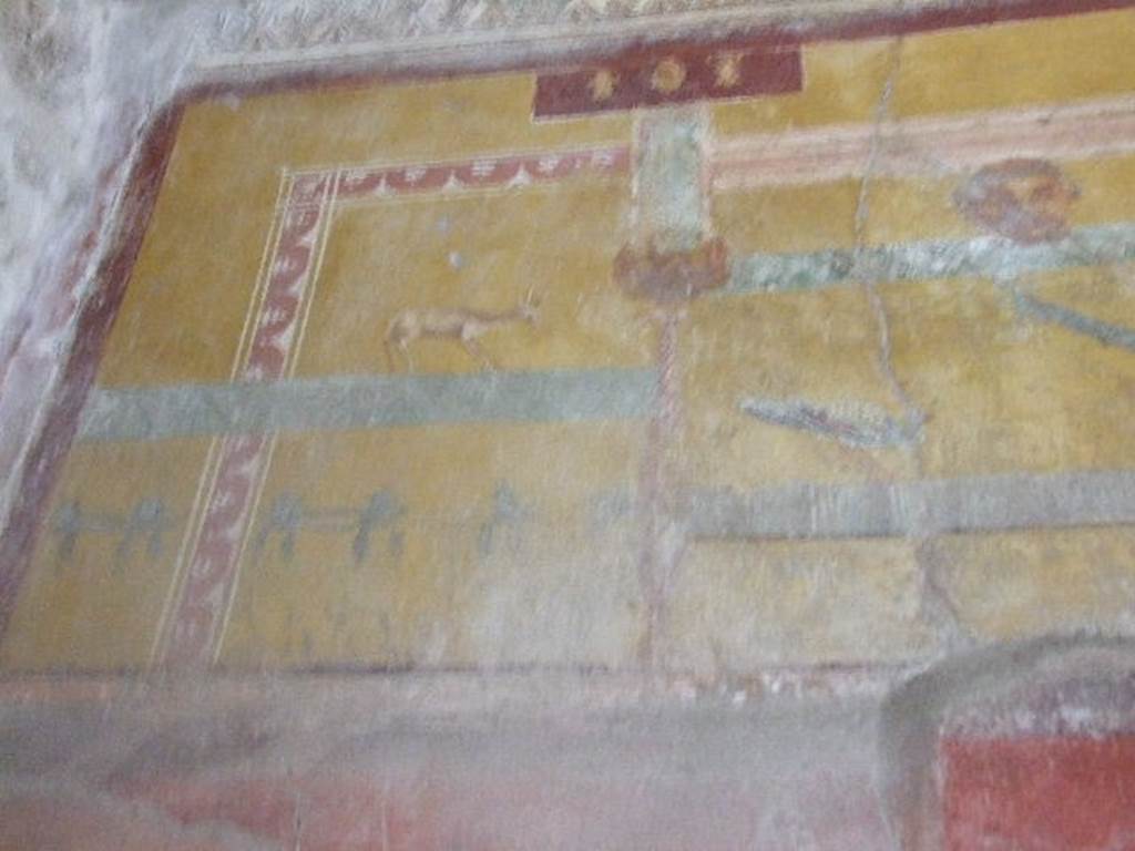 VI.16.15 Pompeii. December 2006. Upper south end of west wall of room F with detail of wall decoration.