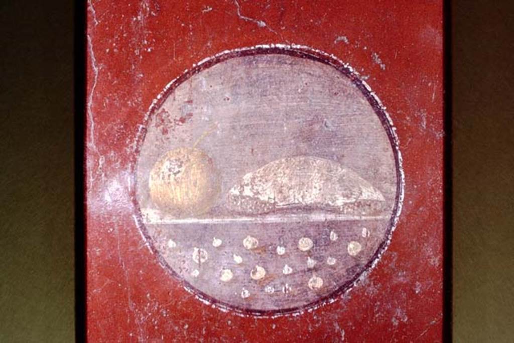 VI.16.15 Pompeii. 1968. Medallion on south end of east wall of room F. Above one can see either a peach or a yellow apple, with possibly half of a large white mushroom, below are a large amount of scattered berries. Photo by Stanley A. Jashemski.
Source: The Wilhelmina and Stanley A. Jashemski archive in the University of Maryland Library, Special Collections (See collection page) and made available under the Creative Commons Attribution-Non Commercial License v.4. See Licence and use details.
J68f0253