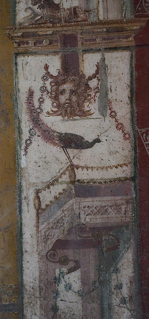 VI.16.15 Pompeii. December 2023.
Detail from south end of central painting on east wall of room F. 
Photo courtesy of Miriam Colomer.