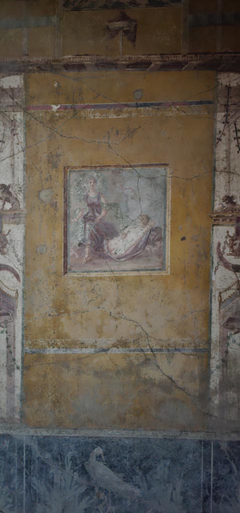 VI.16.15 Pompeii. December 2023.
Room F, east wall with detail of central panel. Photo courtesy of Miriam Colomer.