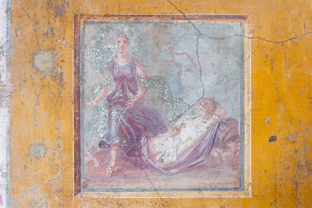 VI.16.15 Pompeii. January 2024. Room F, central painting of The Sleeping Ariadne, from east wall. Photo courtesy of Johannes Eber.
Kuivalainen describes –
“A composition of two figures. In the foreground a sleeping almost naked female figure, with her back to the viewer; she is reclining on a stone, with her right arm supporting her head; she lies on a purple cloak which covers her legs; she has gold arm rings, and her hair is fair. On the left, another figure steps energetically over the legs of the sleeping figure. He wears sandals and a purple robe with wide drapery, and a flaring blue cloak; he carries a thyrsus with a red ribbon and possibly a bunch of leaves on top under his left arm; his head is slightly turned to the left, and his long curly hair is darkish.” 
Kuivalainen comments –
“Sleeping Ariadne callipyge discovered by an effeminate Bacchus. The shadowing on his skin is broader and darker than the female’s. The flaring cloak resembles that of Bacchus, e.g. in the Casa del Citarista (E7), referring to velificatio and to the epiphany of the divinity.”
See Kuivalainen, I., 2021. The Portrayal of Pompeian Bacchus. Commentationes Humanarum Litterarum 140. Helsinki: Finnish Society of Sciences and Letters, (p.143, E3).