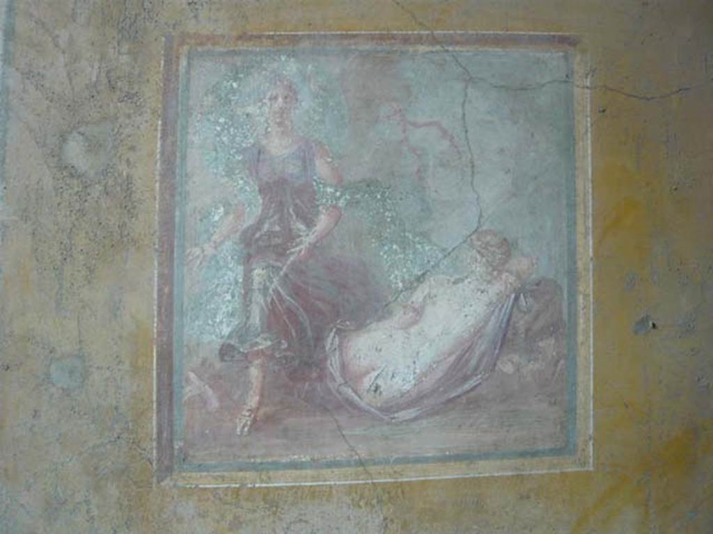 VI.16.15 Pompeii. May 2012. 
Wall painting of The Sleeping Ariadne from the centre of the east wall of room F. Photo courtesy of Buzz Ferebee.
Kuivalainen describes –
“A composition of two figures. In the foreground a sleeping almost naked female figure, with her back to the viewer; she is reclining on a stone, with her right arm supporting her head; she lies on a purple cloak which covers her legs; she has gold arm rings, and her hair is fair. On the left, another figure steps energetically over the legs of the sleeping figure. He wears sandals and a purple robe with wide drapery, and a flaring blue cloak; he carries a thyrsus with a red ribbon and possibly a bunch of leaves on top under his left arm; his head is slightly turned to the left, and his long curly hair is darkish.” 
Kuivalainen comments –
“Sleeping Ariadne callipyge discovered by an effeminate Bacchus. The shadowing on his skin is broader and darker than the female’s. The flaring cloak resembles that of Bacchus, e.g. in the Casa del Citarista (E7), referring to velificatio and to the epiphany of the divinity.”
See Kuivalainen, I., 2021. The Portrayal of Pompeian Bacchus. Commentationes Humanarum Litterarum 140. Helsinki: Finnish Society of Sciences and Letters, (p.143, E3).