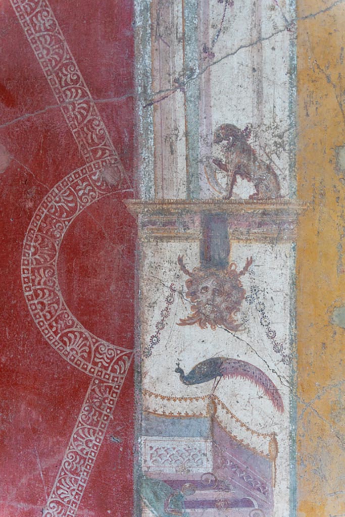 VI.16.15 Pompeii. January 2024. 
Room F, north end of central painting on east wall, with detail of wall painting of panther and mask of Oceanus.
Photo courtesy of Johannes Eber.