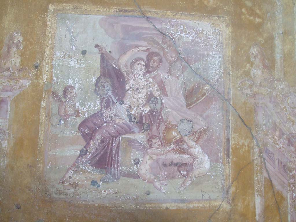 VI.16.15 Pompeii. December 2006. North wall of room G. 
Wall painting of Ares and Aphrodite (Mars and Venus) in a group with cupids playing with the weapons of the god.
See Notizie degli Scavi di Antichità, 1908, p. 76, fig. 6.