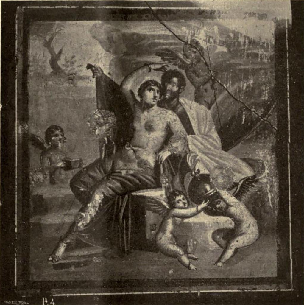 VI.16.15 Pompeii. 1908. North wall of room G. 
Wall painting of Ares and Aphrodite (Mars and Venus) in a group with cupids playing with the weapons of the god.
See Notizie degli Scavi di Antichità, 1908, p. 76, fig. 6.