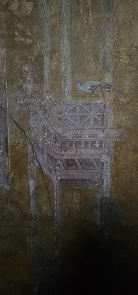 VI.16.15 Pompeii. December 2023.
Room G, north wall, detail from east side of central painting. 
Photo courtesy of Miriam Colomer.
