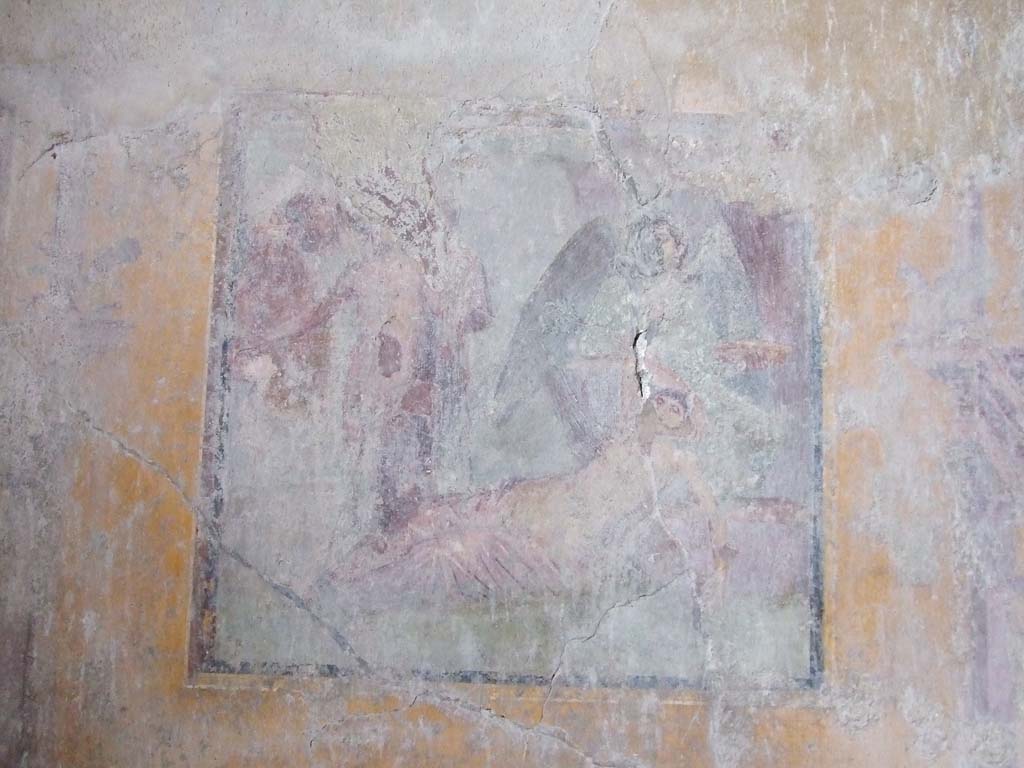 VI.16.15 Pompeii. December 2006.  
West wall of room G with central wall painting of the arrival of Dionysus on Naxos where Ariadne is sleeping.