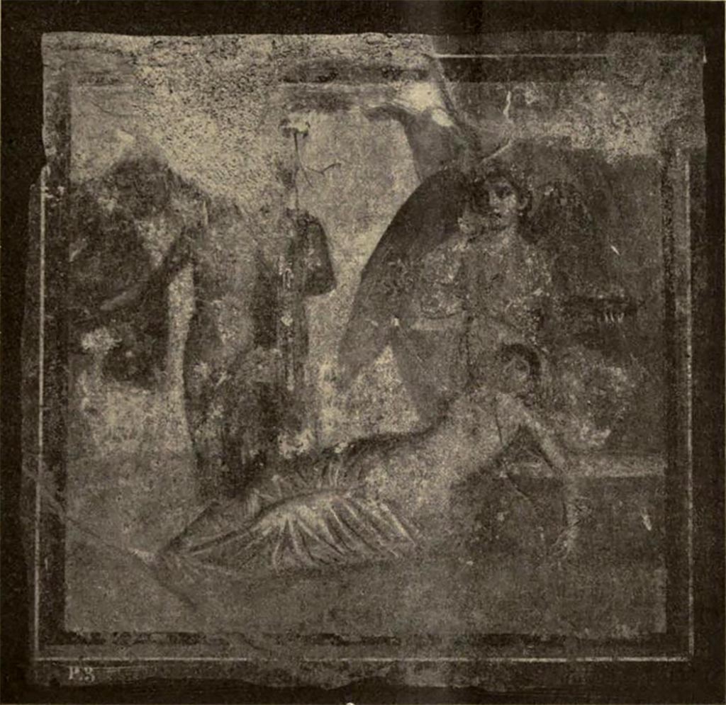 VI.16.15 Pompeii. 1908. West wall of room G with central wall painting of the arrival of Dionysus on Naxos where Ariadne is sleeping.
See Notizie degli Scavi di Antichità, 1908, p. 79, fig. 9.