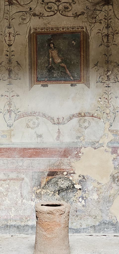 VI.16.15 Pompeii. December 2023. 
Looking towards painted decoration on west side of atrium B.
Photo courtesy of Miriam Colomer.