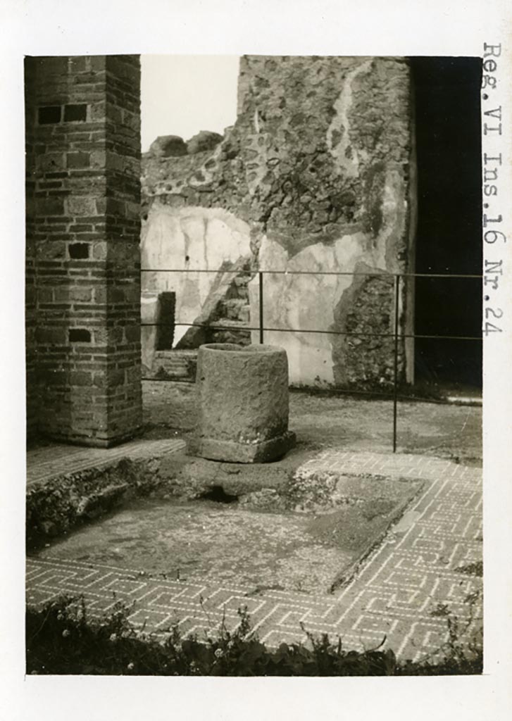 VI.16.26 Pompeii but shown on photo as VI.16.24. Pre-1937-39. 
Looking north across impluvium in atrium. (See also VI.16.27 for more photos).
Photo courtesy of American Academy in Rome, Photographic Archive. Warsher collection no. 1441.
