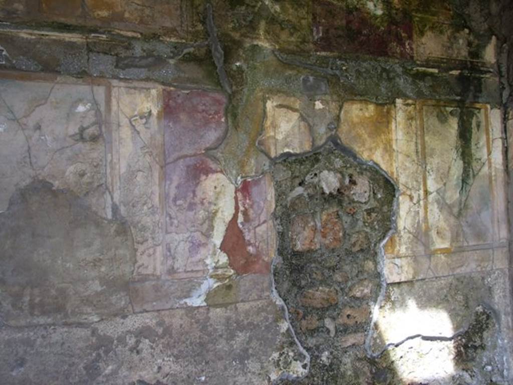 VI.16.27 Pompeii. March 2009. Room N north wall. According to NdS, the wall decoration was of the first style.  In the main part of the walls were large rectangular areas arranged vertically, painted in imitation of coloured marble. Above, at the top, were other areas where the decoration was arranged horizontally. See Notizie degli Scavi, 1908, (p.191)