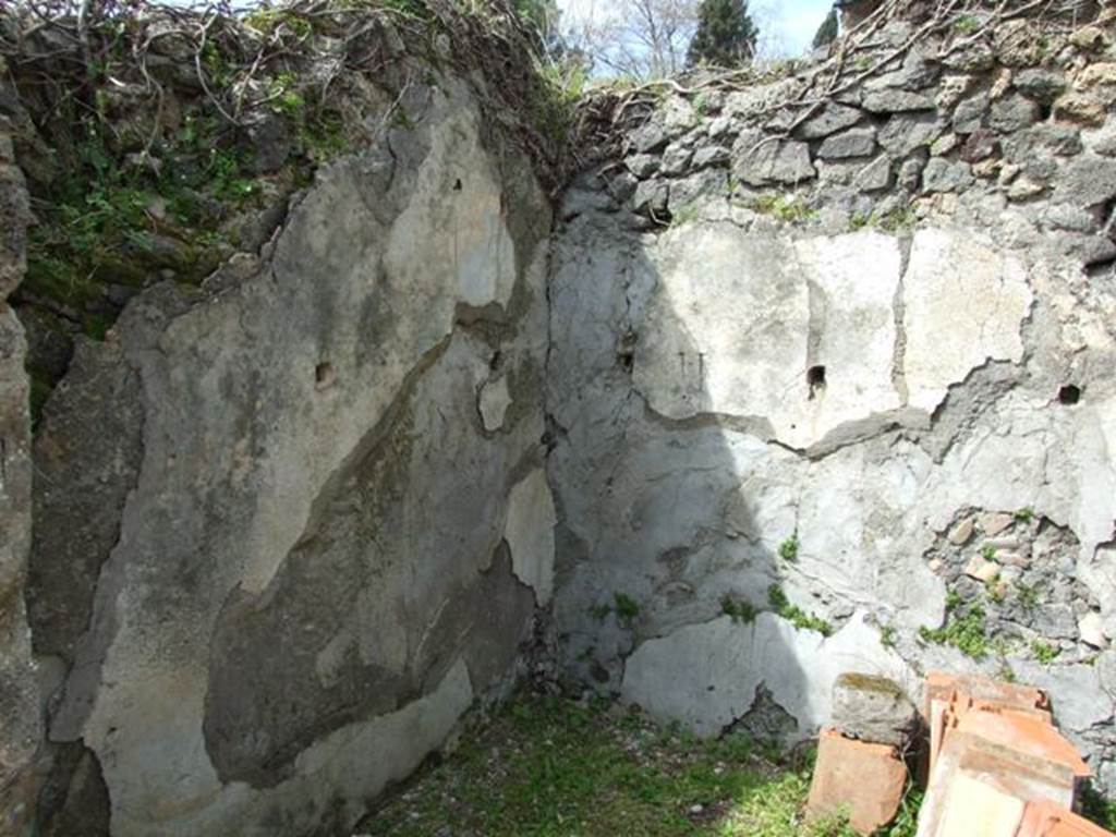 VI.16.27 Pompeii. March 2009. Room F, north-west corner of storeroom. On the north and west walls of this room, the usual square openings for the support of shelving.