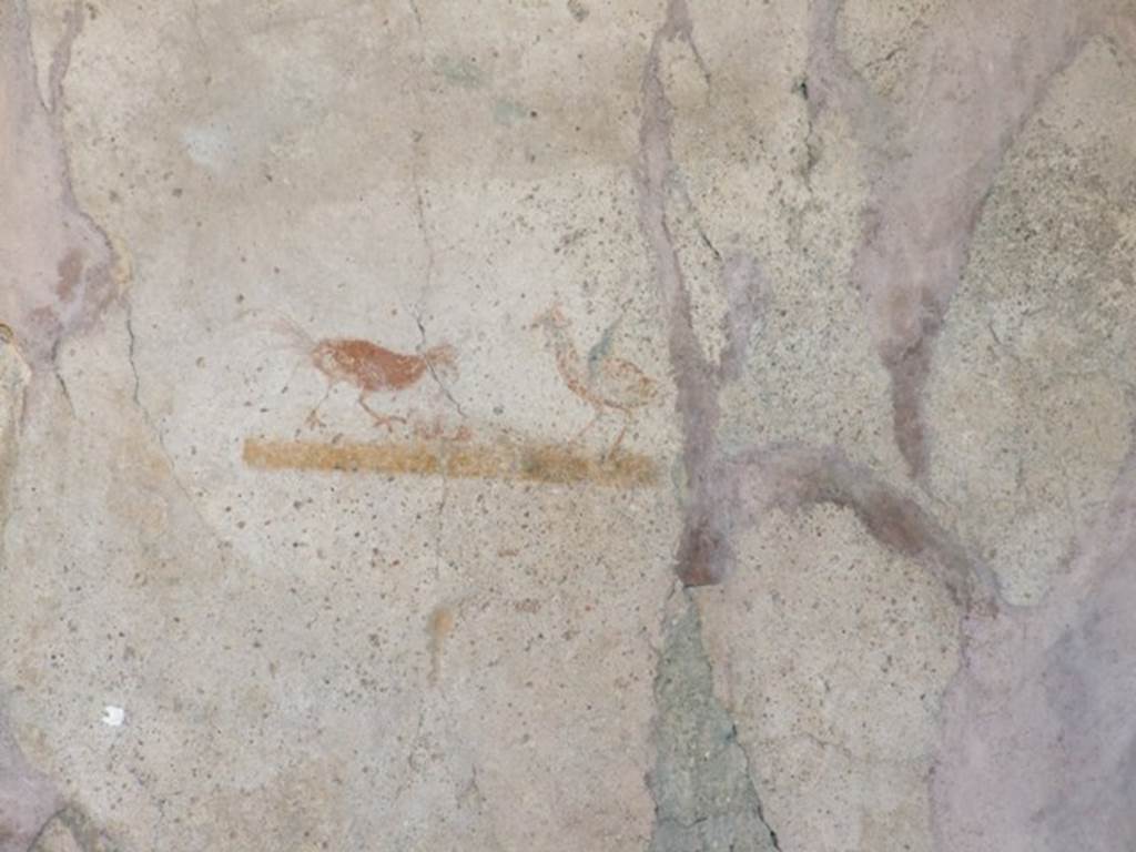 VI.16.33 Pompeii. December 2007. Painting of birds on east wall. According to NdS, the centre of the panel immediately to the right of the entrance doorway to the atrium showed two birds. On the left may be a bleeding cockerel which is going to fall, beaten by another cockerel on the right, who holds something in his beak.