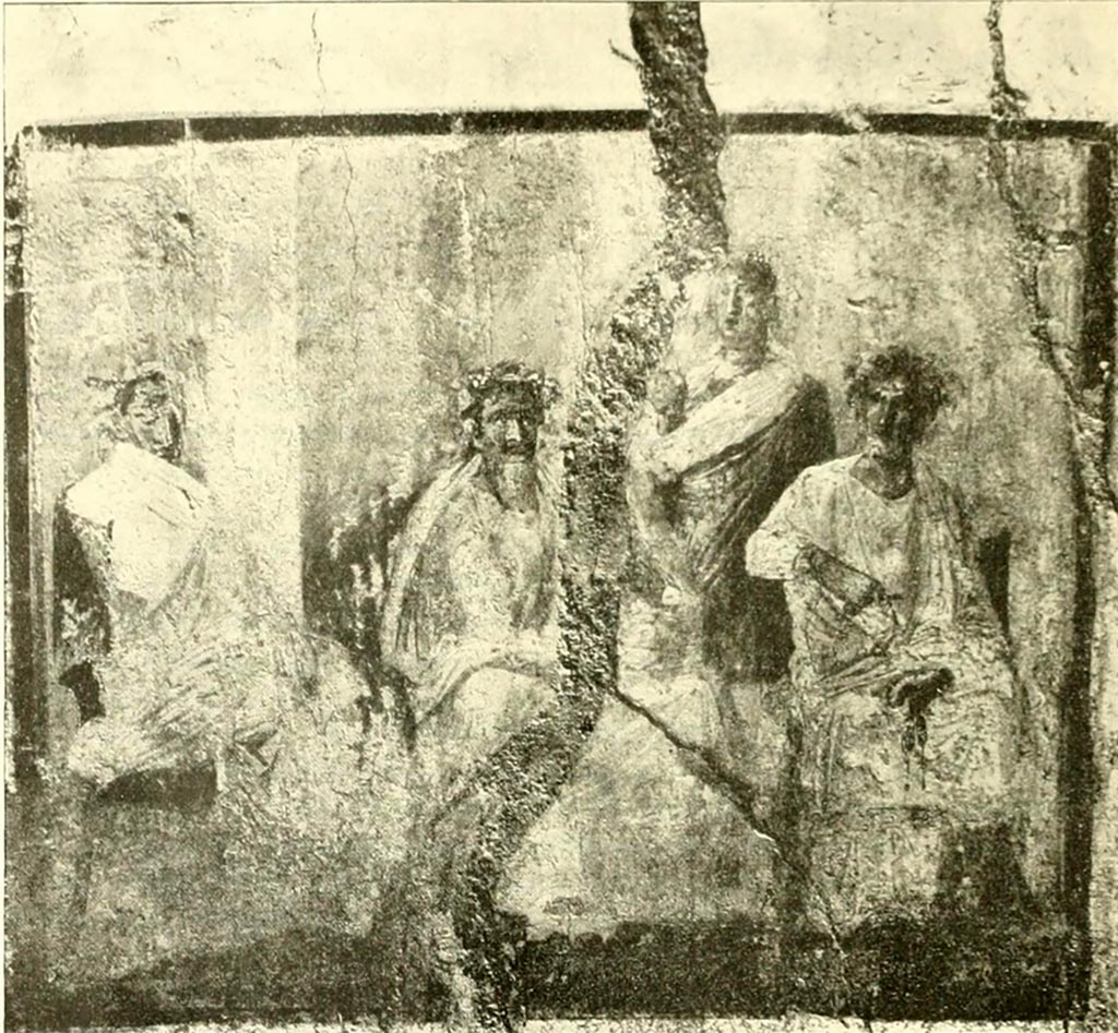 VI.16.36 Pompeii. 1908 photograph of painting of a contest of four poets found in the triclinium H.
According to Sogliano this is undoubtedly a poetic audition.
Of the four men, three are seated and one is standing and seems to be reciting.
According to Richardson, this is a painting of the contest of four poets.
See Richardson, L., 2000. A Catalog of Identifiable Figure Painters of Ancient Pompeii, Herculaneum. Baltimore: John Hopkins. (p.45).
See Notizie degli Scavi di Antichità, 1908, p. 366, fig. 3.