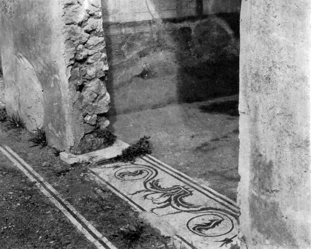 VI.16.36 Pompeii. c.1930. Triclinium H, looking north across threshold of doorway with a black and white mosaic.
See Blake, M., (1930). The pavements of the Roman Buildings of the Republic and Early Empire. Rome, MAAR, 8, (p.90, & Pl.34, tav.4).