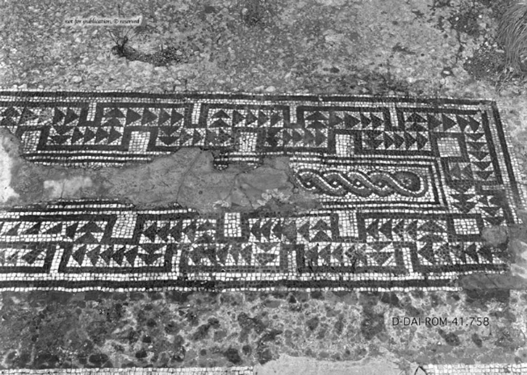 VI.16.36/37 Pompeii. c.1930. Room I, cubiculum. Mosaic entrance threshold of cubiculum, as described in NdS, above.
DAIR 41.758. Photo © Deutsches Archäologisches Institut, Abteilung Rom, Arkiv.
See Pernice, E.  1938. Pavimente und Figürliche Mosaiken: Die Hellenistische Kunst in Pompeji, Band VI. Berlin: de Gruyter, (tav. 46.3.)