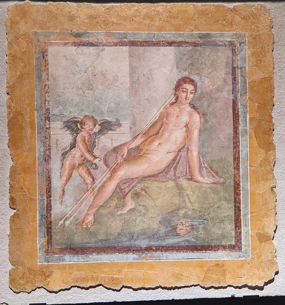 Insula Occidentalis, Pompeii. April 2022.
Narcissus looking at his reflection in the water with a cherub at his side. Photographed in an exhibition in the Palaestra 2022.
Photo courtesy of Giuseppe Ciaramella.