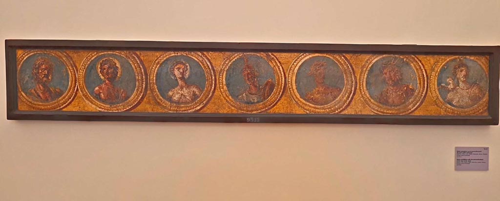 Pompeii Insula Occidentalis. October 2023.
Medallions showing the days of the week, found beneath the Cuomo property, inv, 9519.  Photo courtesy of Giuseppe Ciaramella. 
On display in “L’altra MANN” exhibition, October 2023, at Naples Archaeological Museum.