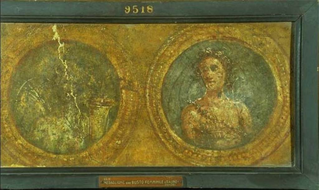 Pompeii Insula Occidentalis. Calendar of seasons made of two medallions, found beneath the Cuomo property. 
Left shows Summer with a kalathos (vase) in the left hand. Right shows Pan or a faun representing Spring.
Now in Naples Archaeological Museum. Inventory number 9518.
See Bragantini, I & Sampaolo, V (eds). 2009. La Pittura Pompeiana, (Electa), (p. 532)
According to Pagano and Prisciandaro, this was found 26th April - 2nd May 1760, in the same room as 9519, 9520 and 9521. (PAH, 1, 106)
See Pagano, M. and Prisciandaro, R., 2006. Studio sulle provenienze degli oggetti rinvenuti negli scavi borbonici del regno di Napoli.  Naples: Nicola Longobardi. (p. 33)