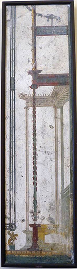 Pompeii Insula Occidentalis. Architectural scene, found 17 May 1760, beneath the Cuomo property.
Now in Naples Archaeological Museum. Inventory number 9709.
According to Grasso, these two architectural painted panel-ends would have had the function of separating the central panel of the wall from the side panels, the mythological painting of Andromeda and Perseus would have been displayed in the middle of the central panel.  Found in the centre of the side panels would have been the medallions with the painting called “Sappho” and the youth with the scroll. 
See Bragantini, I & Sampaolo, V (eds). 2009. La Pittura Pompeiana, (Electa), (p.524-5)
According to Pagano and Prisciandaro, inventory numbers 9709, 9866, 8624, 8804, 9085, 9710, 8805, 8587 were found in the same room.
See Pagano, M. and Prisciandaro, R., 2006. Studio sulle provenienze degli oggetti rinvenuti negli scavi borbonici del regno di Napoli.  Naples: Nicola Longobardi, p. 33.
See PAH 1, 1, 109, 17 Mayo 1760.