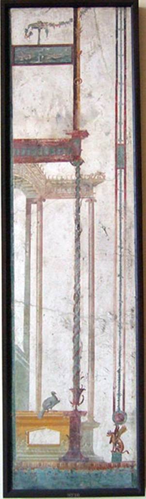 Pompeii Insula Occidentalis. Architectural scene, found 17 May 1760, beneath the Cuomo property.
Now in Naples Archaeological Museum. Inventory number 9710.
According to Grasso, these two architectural painted ends would have had the function of separating the central panel of the wall from the side panels, the mythological painting of Andromeda and Perseus would have been displayed in the middle of the central panel. Found in the centre of the side panels would have been the medallions with the painting called “Sappho” and the youth with the scroll. 
See Bragantini, I & Sampaolo, V (eds). 2009. La Pittura Pompeiana, (Electa), (p.524-5)
According to Pagano and Prisciandaro, inventory numbers 9709, 9866, 8624, 8804, 9085, 9710, 8805, 8587 were found in the same room.
See Pagano, M. and Prisciandaro, R., 2006. Studio sulle provenienze degli oggetti rinvenuti negli scavi borbonici del regno di Napoli.  Naples: Nicola Longobardi, p. 33.
See PAH 1, 1, 109, 17 Mayo 1760.