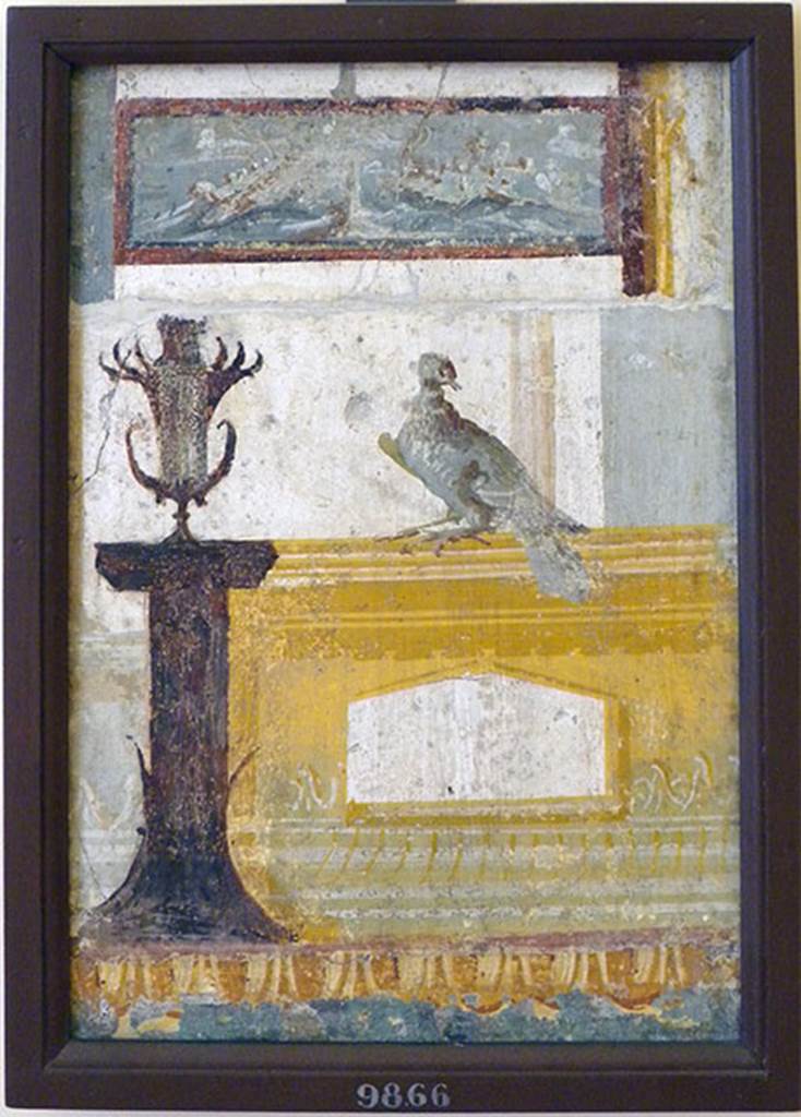 Pompeii Insula Occidentalis. Pastiche of fragments from the same room, found 17 May 1760, beneath the Cuomo property.
Now in Naples Archaeological Museum. Inventory number 9866.
According to Grasso, these fragments of painted plaster were detached from the same room as the two previous paintings, and then inserted into one frame.  
The top fragment showed three ships in a false sea-battle. Originally it would have been seen at the top of the architectural panel-ends.
The fragment underneath belonged to the lower part of one of the architectural panel-ends
See Bragantini, I & Sampaolo, V (eds). 2009. La Pittura Pompeiana, (Electa), (p.525)
According to Pagano and Prisciandaro, inventory numbers 9709, 9866, 8624, 8804, 9085, 9710, 8805, 8587 were found in the same room.
See Pagano, M. and Prisciandaro, R., 2006. Studio sulle provenienze degli oggetti rinvenuti negli scavi borbonici del regno di Napoli.  Naples: Nicola Longobardi, p. 33.
See PAH 1, 1, 109, 17 May 1760.