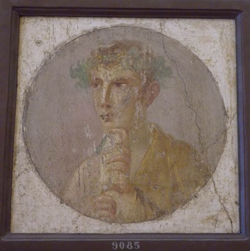 Pompeii Insula Occidentalis. Found 17th May 1760. Youth with scroll, found beneath the Cuomo property.
According to Grasso, along with the Sappho picture, this picture decorated the middle area of a side panel with a white background, of an elegant wall painted in the IV Style. 
Now in Naples Archaeological Museum. Inventory number 9085.
See Bragantini, I & Sampaolo, V (eds). 2009. La Pittura Pompeiana, (Electa), (p.528)
According to AdE, it was found with the medallion showing the woman with tablet and stylus (9084).
See Antichità di Ercolano: Tomo Terzo: Le Pitture 3, 1762, p. 237, Tav. 46.
According to Pagano and Prisciandaro, inventory numbers 9709, 9866, 8624, 8804, 9085, 9710, 8805, 8587 were found in the same room.
See Pagano, M. and Prisciandaro, R., 2006. Studio sulle provenienze degli oggetti rinvenuti negli scavi borbonici del regno di Napoli.  Naples: Nicola Longobardi, p. 33.
See PAH 1, 1, 109, 17 Mayo 1760.