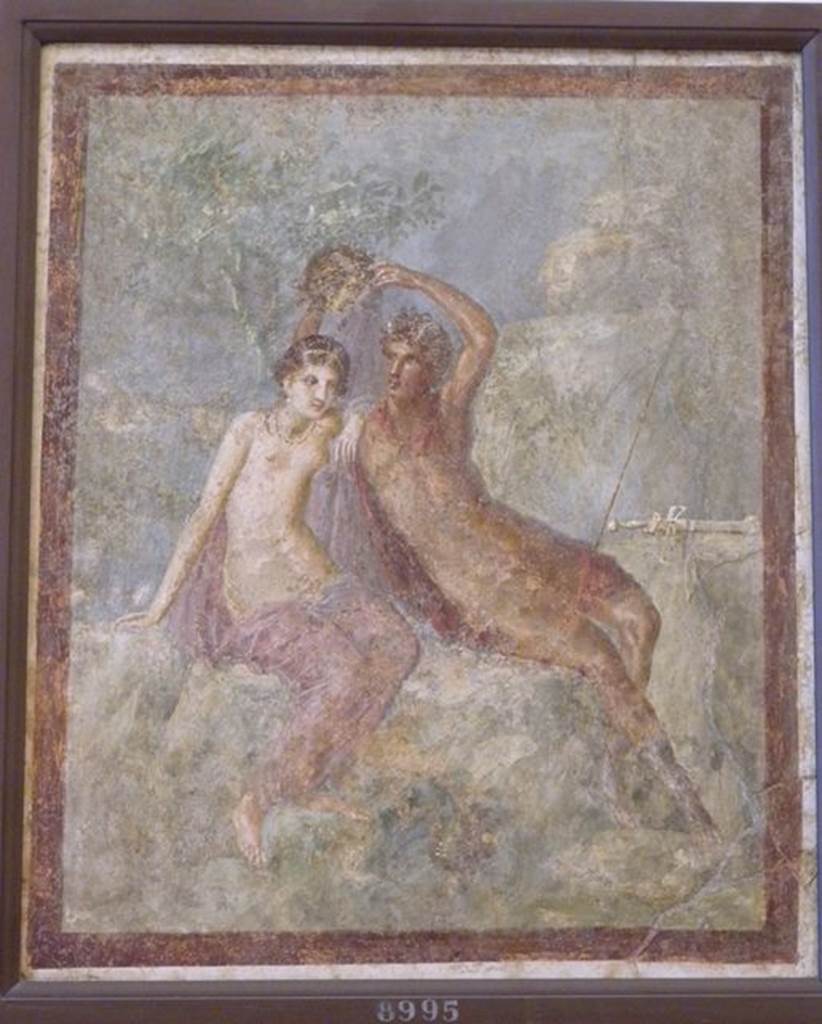 Pompeii Insula Occidentalis. Found 24th May 1760. Casa della Saffo? 
Perseus and Andromeda with the head of Medusa, (found in the ‘vicinity’ of the medallions).
Now in Naples Archaeological Museum. Inventory number 8995.
See Bragantini, I & Sampaolo, V (eds). 2009. La Pittura Pompeiana, (Electa), (p.528) 
See Antichità di Ercolano: Tomo Terzo: Le Pitture 3, 1762, p. 63-9, pl. 7. (Found Civita 24th June 1760)
According to Pagano and Prisciandaro, this was found on the 24th May 1760.
See Pagano, M. and Prisciandaro, R., 2006. Studio sulle provenienze degli oggetti rinvenuti negli scavi borbonici del regno di Napoli.  Naples: Nicola Longobardi, p. 34-5.
See PAH, 1, 109-110, 24 Mayo 1760.