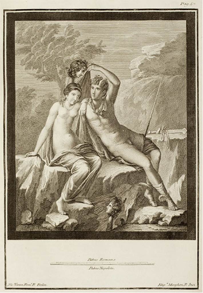Pompeii Insula Occidentalis. AdE says found 24th June ( PAH says 24th May) 1760 at Civita. 
Perseus and Andromeda with the head of Medusa.
See Antichità di Ercolano: Tomo Terzo: Le Pitture 3, 1762, p. 63-9, pl. XII.