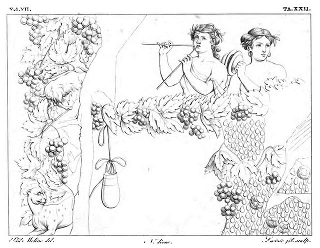 Pompeii Insula Occidentalis. Above a garland of grapes are two female musicians. 
On the left are two fragments, where amongst the vines a goat is grazing, and a panther/tiger is walking. 
See Real Museo Borbonico: vol. VII, 1831, tav. 22. 
See Antichità di Ercolano: Tomo Setto: Le Pitture 5, 1779, p. 22.